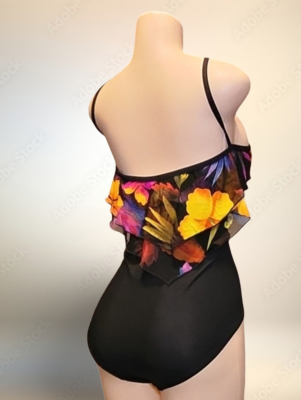 Vintage Longitude Black Floral One Piece Swimsuit Plus Size 20W Spaghetti Strap - Picture 6 of 10